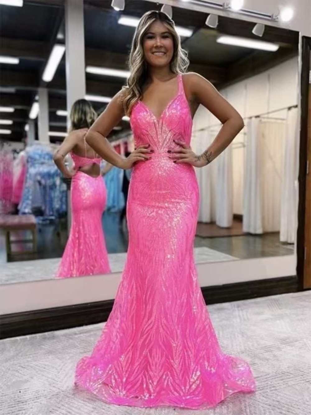 Jovani Hot Pink Sequin Plunging V-Neck Prom Gown